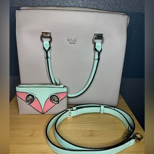 GUESS Two-Tone Pale Pink and Mint Tote with Matching Card Case